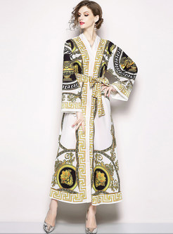 Vintage Print Belted Slit Maxi Dress