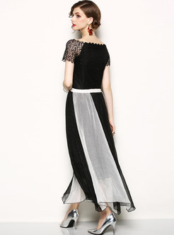 Chic Monochrome Lace Splicing Maxi Dress