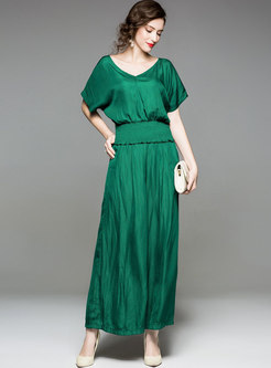 Green Gathered Waist V-neck Two-piece Outfits