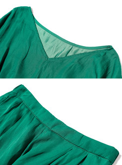 Green Gathered Waist V-neck Two-piece Outfits