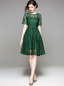 Green Hollow Out Waist A Line Dress