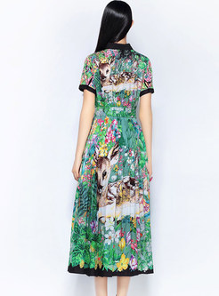 Chic Floral Print Lapel Belted Maxi Dress