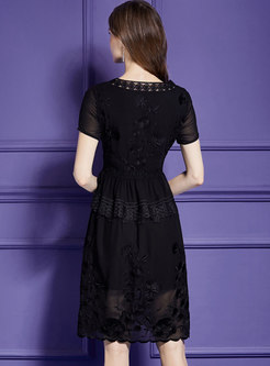 Black V-neck Embroidery Chiffon Dress