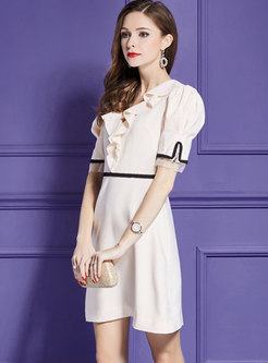 Apricot Elegant Puffed Sleeve A Line Dress