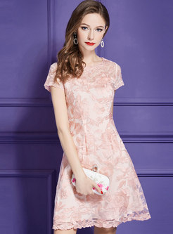 Pink Elegant Slim Embroidery A Line Dress