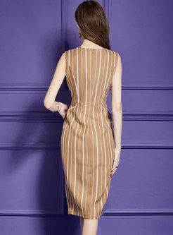 Brief Striped Slit Sleeveless Sheath Dress