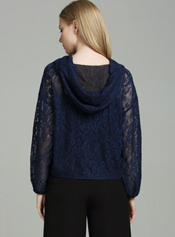 Blue Hollow Out Lace Hoodie