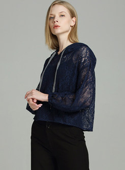 Blue Hollow Out Lace Hoodie