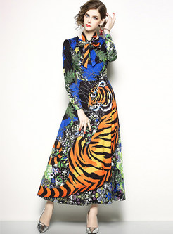 Animal Print Bowknot Long Sleeve Maxi Dress