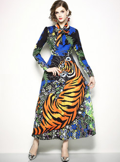 Animal Print Bowknot Long Sleeve Maxi Dress