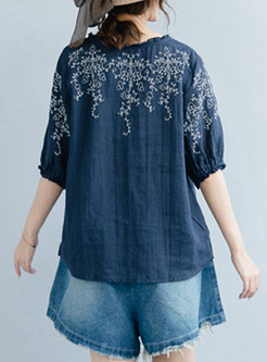 Chic Embroidery Loose Half Sleeve Top