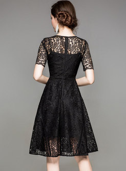 Black Mesh Embroidery A Line Dress