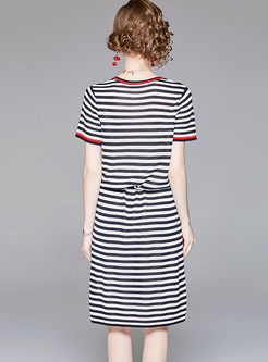 Casual Black Striped Tied Pocket Knitted Dress