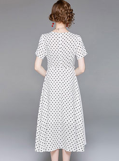 Street Dot Print Stitching Gathered Waist A Line Dress