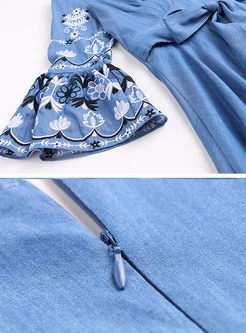Blue Three-quarter Sleeve V-neck Embroidery Denim Dress