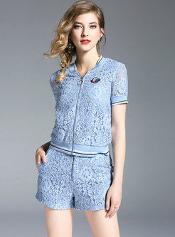 Lace Embroidery Single-breasted V-neck Coat & Fashion Lace Shorts