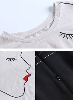Fashion Print Stitching T-shirt & Denim Asymmetric Single-Breasted Skirt