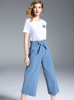 Solid Color Cotton T-shirt & Blue Bowknot Wide Leg Pants