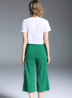 Casual Embroidery T-shirt & Green Wide Leg Pants