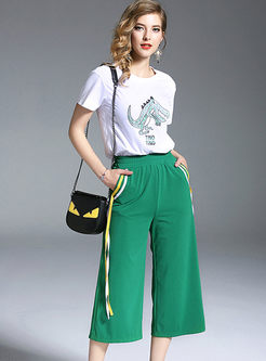 Casual Embroidery T-shirt & Green Wide Leg Pants