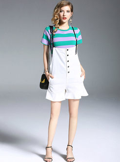 Casual Striped Cotton T-shirt & White Falbala Single-breasted Overalls