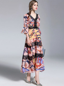 Lace Patchwork Color-blocked V-neck Maxi Dress