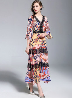 Lace Patchwork Color-blocked V-neck Maxi Dress