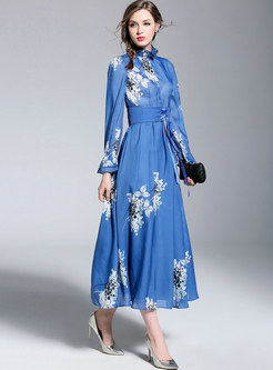 Blue Floral Print Stand Collar Falbala Maxi Dress