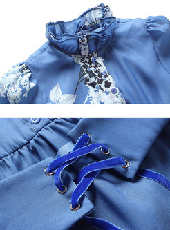 Blue Floral Print Stand Collar Falbala Maxi Dress