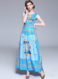 Blue Ethnic Printed Sleeveless Maxi Dress