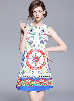 Retro Fashion Printing Sleeveless Shift Dress