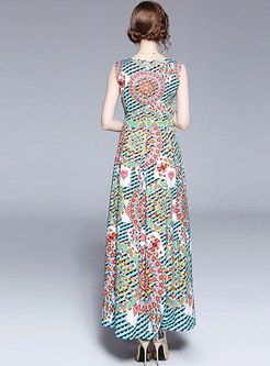 Chic Floral Print Waist Maxi Dress