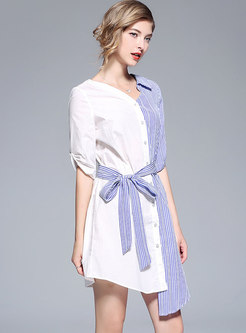 Hit Color Striped V-neck Belted Asymmetric Dress