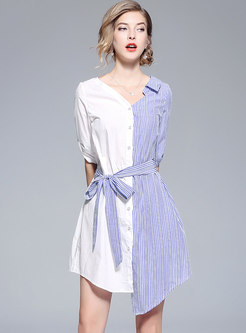 Hit Color Striped V-neck Belted Asymmetric Dress