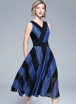 Brief Striped Contrast Color Lace Midi Dress
