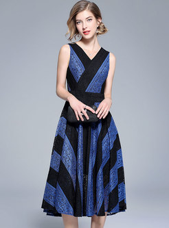 Brief Striped Contrast Color Lace Midi Dress