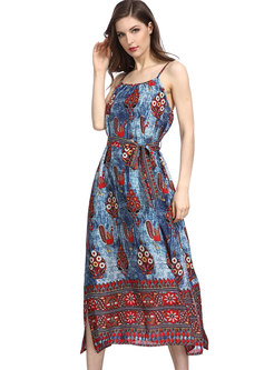 Ethnic Flower Print Slit Slip Dress