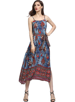 Ethnic Flower Print Slit Slip Dress