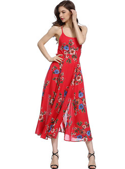 Red Sexy Floral Print Maxi Slip Dress
