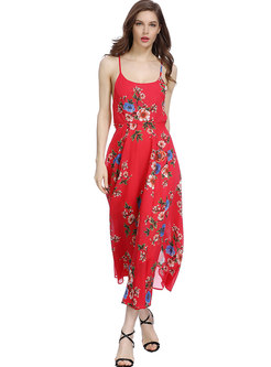 Red Sexy Floral Print Maxi Slip Dress
