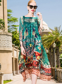 Retro Floral Print Silk Loose Shift Dress