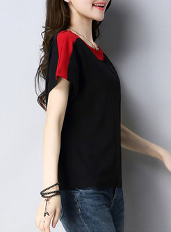 Black Casual Stitching O-neck Cotton Top