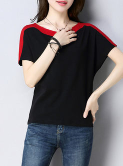 Black Casual Stitching O-neck Cotton Top