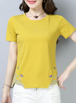 Yellow Embroidry Asymmetric Hem Short Sleeve Top