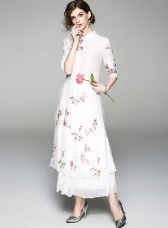 Vintage Stand Collar Embroidery Layered Elegant Maxi Dress