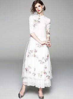 Vintage Stand Collar Embroidery Layered Elegant Maxi Dress