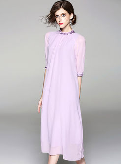 Purple Solid Color Embroidered Stand Collar Shift Dress