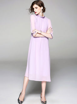 Purple Solid Color Embroidered Stand Collar Shift Dress