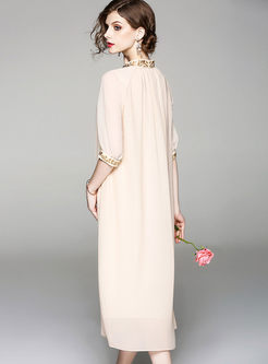 Apricot Solid Color Embroidered Stand Collar Shift Dress