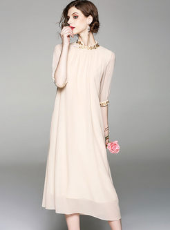 Apricot Solid Color Embroidered Stand Collar Shift Dress